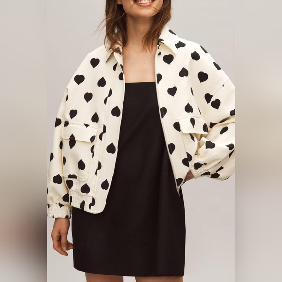 JUST-JEN Jackets & Blazers - Heart Print Collared Neck Zip-Up Jacket